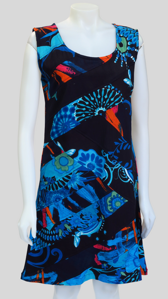 HI-D23022-BL Print Sinker Panel Patch Sleeveless Dress