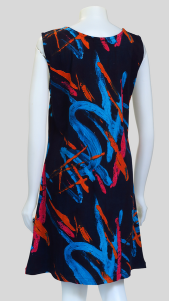 HI-D23022-BL Print Sinker Panel Patch Sleeveless Dress