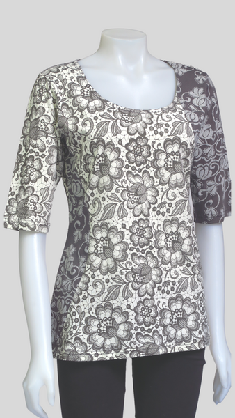 TT-T23311-CH Org. Cotton Sinker Printed 3/4 sleeve Top