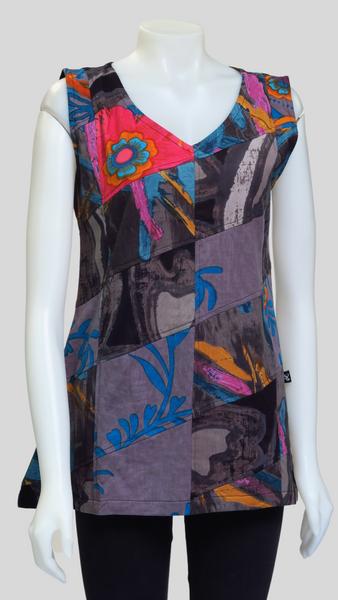 HI-T23017-GR Print Sinker  Patchwork Sleeveless Top