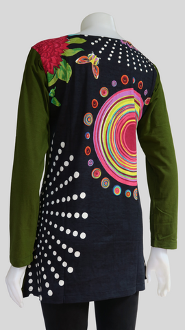 HI-T22845-GN Sinker Print Patch Long Sleeved Tunic