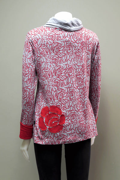 RJ-T1967-RD - Rose Print Roll Neck Top